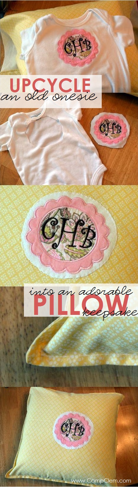 onesie pillowcase monogram applique upcycle